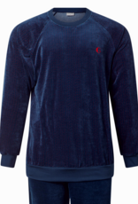 Lunatex Gentlemen Ilay velours herenpyjama met ronde hals – marineblauw met rood detail – maten L t/m XXL