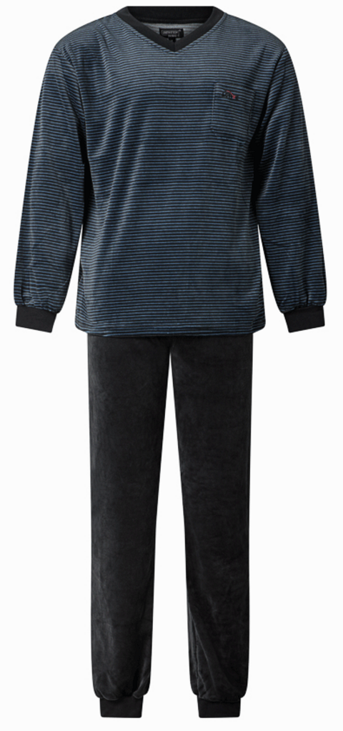Lunatex Outfitter Devaun velours herenpyjama met V‑hals – antracietgrijs met blauwe streepprint – maat L