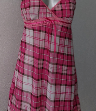 LingaDore Silena chiffon nachtjurkje ruitprint kleur pink & roze, mt 40-M - valt als mt 38-S