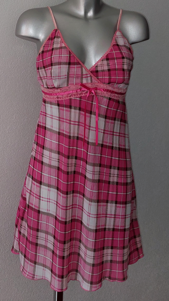 LingaDore Silena chiffon nachtjurkje ruitprint kleur pink & roze, mt 40-M- valt als mt 38-S