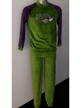 Lunatex Lunatex Velours Jongenspyjama – Mosgroen & Marineblauw met Politieauto