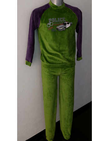 Lunatex Velours Jongenspyjama – Mosgroen & Marineblauw met Politieauto