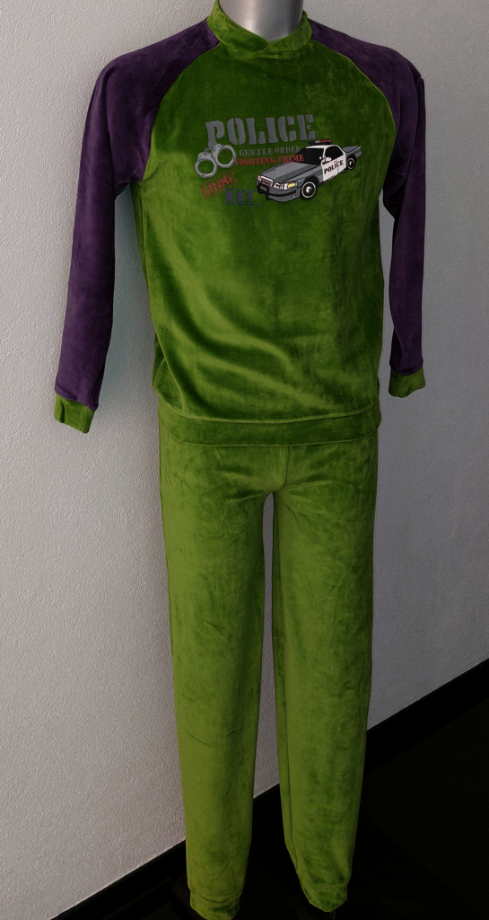 Lunatex Lunatex Velours Jongenspyjama – Mosgroen & Marineblauw met Politieauto