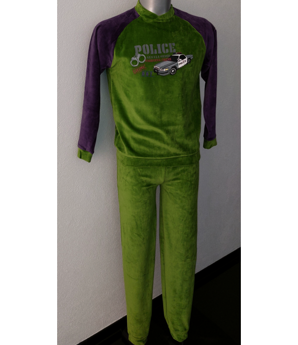 Lunatex Lunatex Velours Jongenspyjama – Mosgroen & Marineblauw met Politieauto