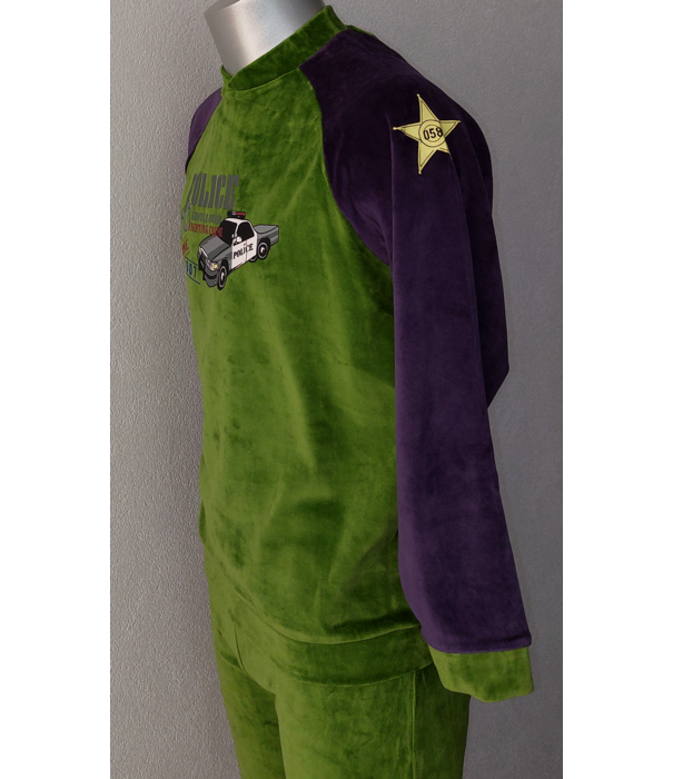 Lunatex Velours Jongenspyjama – Mosgroen & Marineblauw met Politieauto