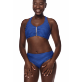 Amoena Padua prothese bikinitop in blauw met zwart geoprintje – vrouwelijk, zacht en mooi ondersteunend, zonder beugel en met praktische voorsluiting