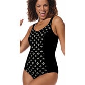 Amoena  Palermo hooggesloten full body  prothese badpak, zonder beugel, licht voorgevormd, zwart-print off-white