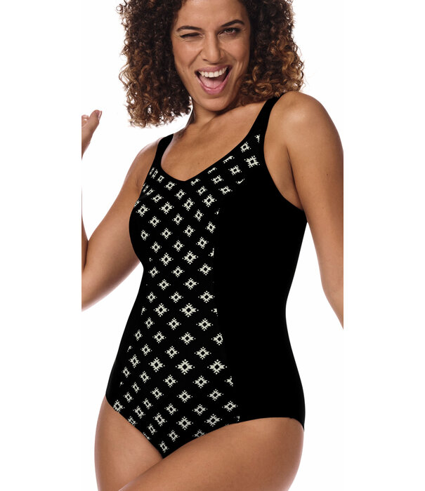 Amoena Amoena  Palermo hooggesloten full body  prothese badpak, zonder beugel, licht voorgevormd, zwart-print off-white