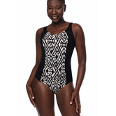 Amoena Salta full body hooggesloten prothese badpak in zwart met off‑white print, zonder beugel en met UV‑bescherming 50+