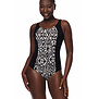 Amoena Salta full body hooggesloten prothese badpak in zwart met off‑white print, zonder beugel en met UV‑bescherming 50+