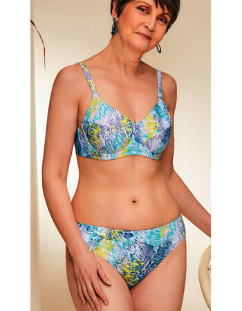 Amoena California lichtgewicht prothese bikinitop met beugel – Grijs/Aquablauw/Wit/Citroengeel