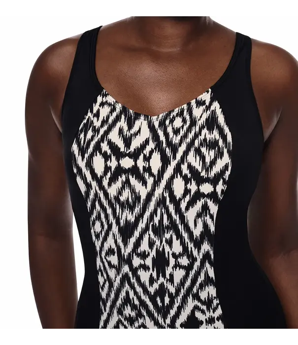 Amoena  Amoena Salta full body hooggesloten prothese badpak in zwart met off‑white print, zonder beugel en met UV‑bescherming 50+