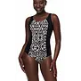 Amoena Salta full body hooggesloten prothese badpak in zwart met off‑white print, zonder beugel en met UV‑bescherming 50+