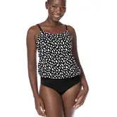 Amoena Manila hooggesloten prothese tankinitop zonder beugel in blouson model, zwart‑wit animalprint met pinkkleurige bies