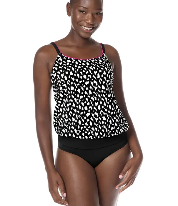 Amoena  Amoena Manila hooggesloten prothese tankinitop zonder beugel in blouson model, zwart‑wit animalprint met pinkkleurige bies