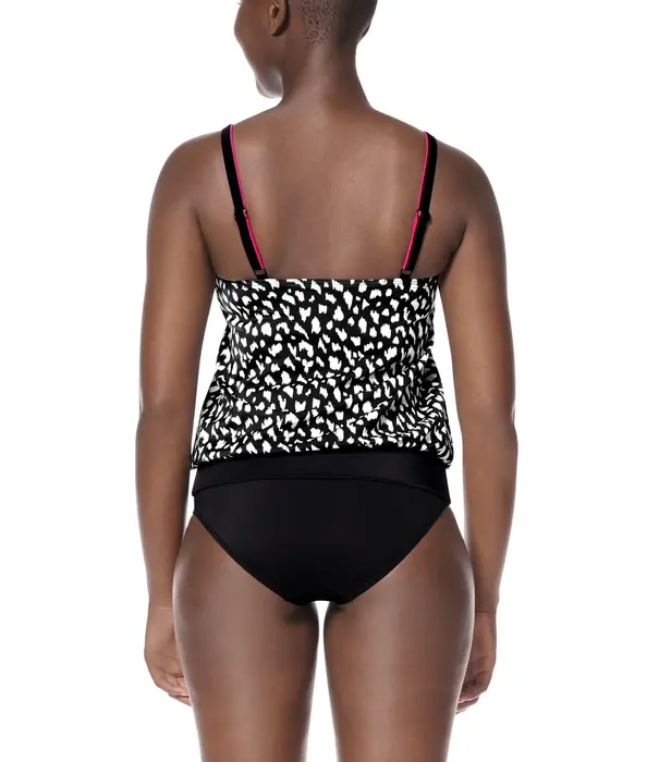 Amoena  Amoena Manila hooggesloten prothese tankinitop zonder beugel in blouson model, zwart‑wit animalprint met pinkkleurige bies