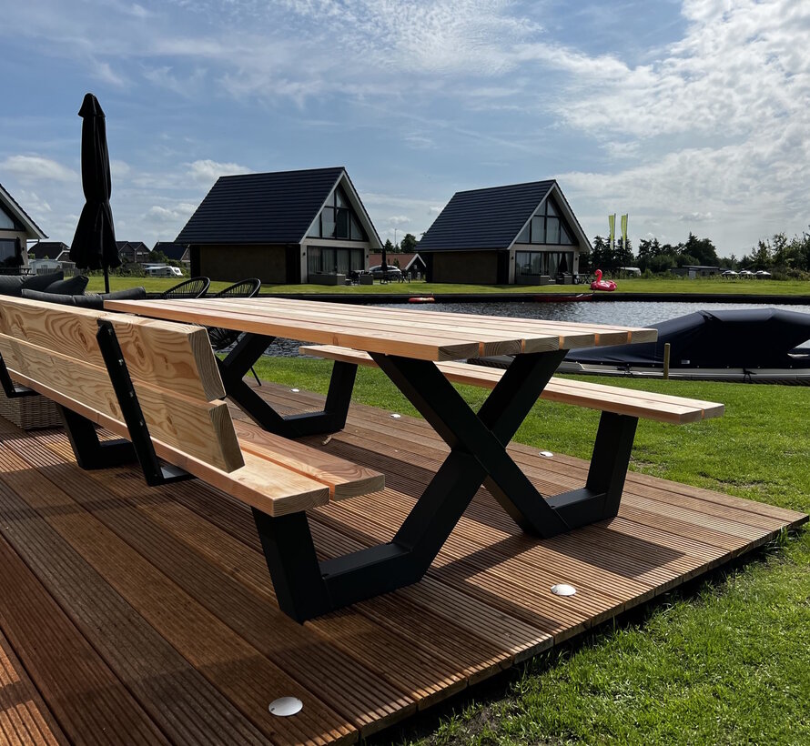 Picknicktafel X frame met rugleuning (Snelle levering door voorraad!, vraag naar de mogelijkheden)