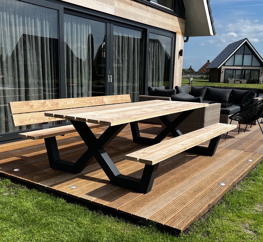 Picknicktafel X frame met rugleuning (Snelle levering door voorraad!, vraag naar de mogelijkheden)