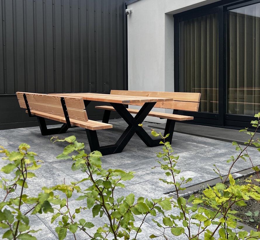 Picknicktafel X frame met rugleuning (Snelle levering door voorraad!, vraag naar de mogelijkheden)