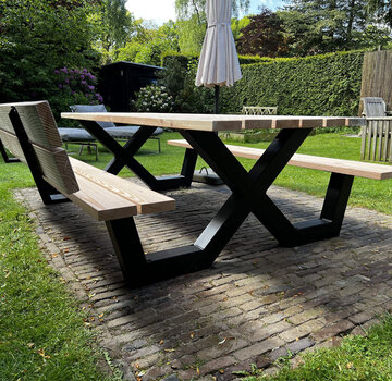 Vakstaal Picknicktafel X frame met rugleuning