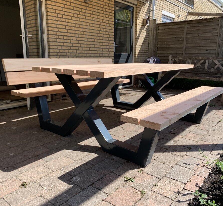 Picknicktafel X frame met rugleuning (Snelle levering door voorraad!, vraag naar de mogelijkheden)