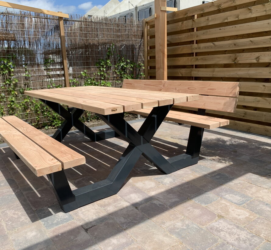 Picknicktafel X frame met rugleuning (Snelle levering door voorraad!, vraag naar de mogelijkheden)