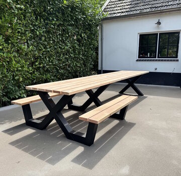 Vakstaal Lange Tuintafel 4 meter met Picknickbankjes