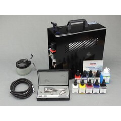 Harder & Steenbeck set Airbrush Ultra Two in One 0,2 + 0,4 mm met 9 Aero color basiskleuren.