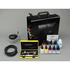 Harder & Steenbeck set Airbrush Evolution Silverline Two in One 0,2 + 0,4 mm met 9 Aero color basiskleuren.