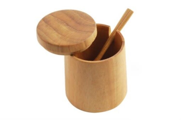 Teak round cellar with lid & spoon