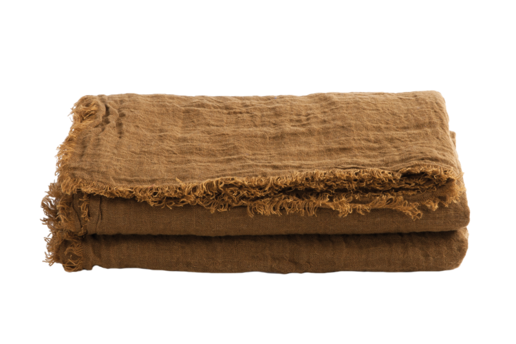 Maison de Vacances Throw vice versa fringed, washed linen gauze - havane