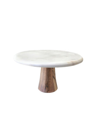 White marble & wood cake stand