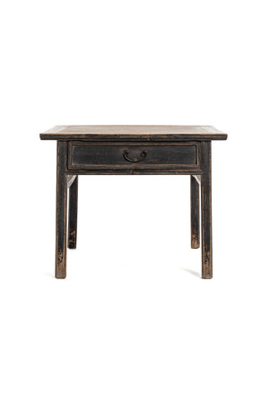 Authentic square table with 2 drawers, patinated elm