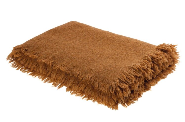 Maison de Vacances Plaid vice versa met franjes, gewassen zuivere wol - ambre