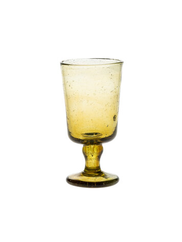 Mondgeblazen glas met lage voet - geel/olijfgroen