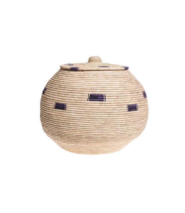 Palm basket with lid,  natural/indigo #1 - Niger