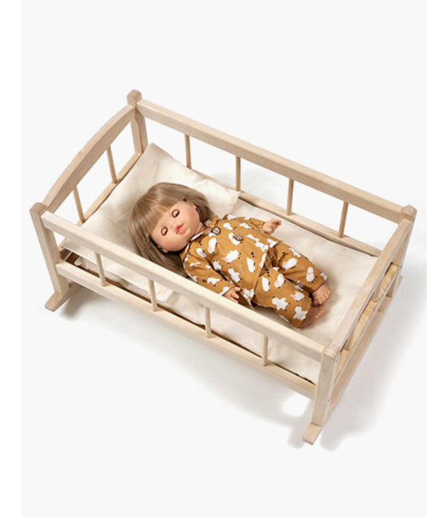 Wooden bed for dolls with knitted blanket