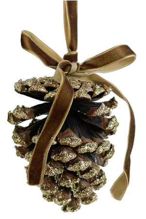 Cedar cone ornament natural with gold glitter velvet bow