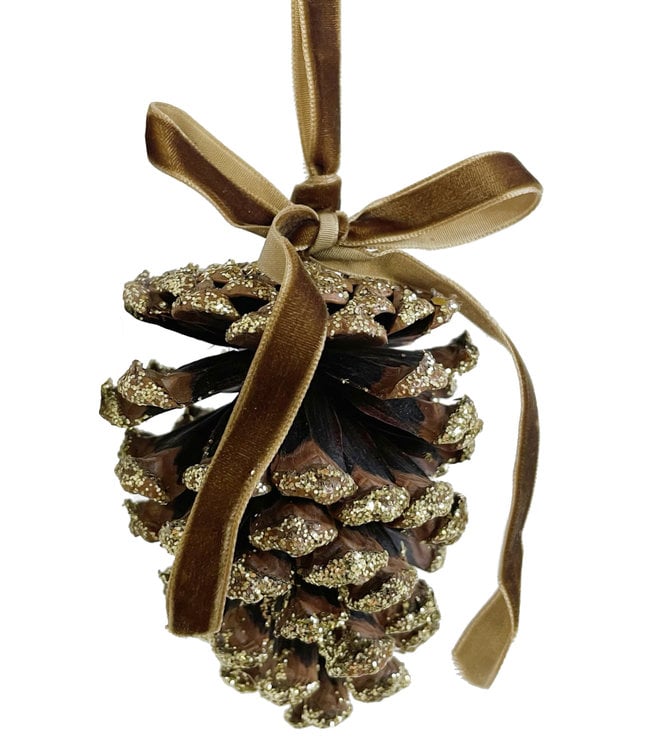 Cedar cone ornament natural with gold glitter velvet bow