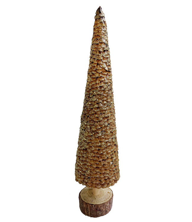 Fir cone scale tree wooden base - natural with gold glitter