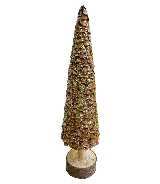 Fir cone scale tree wooden base - natural with gold glitter