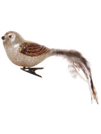 Glazen vogel met clip - wit/bruin