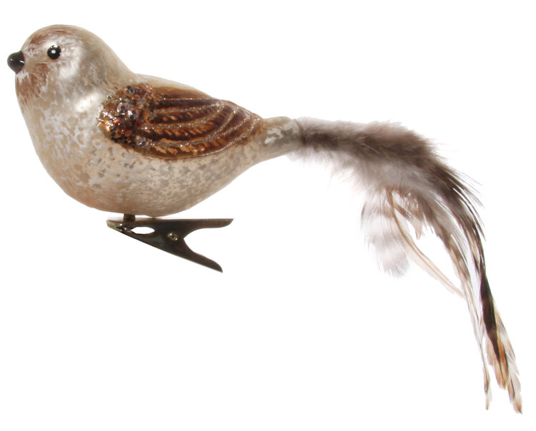 Glass bird white-brown with feather tail 20cm