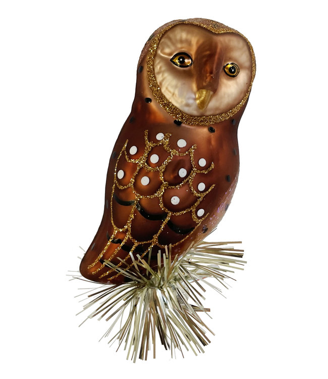 Glass owl brown with tinsel on clip