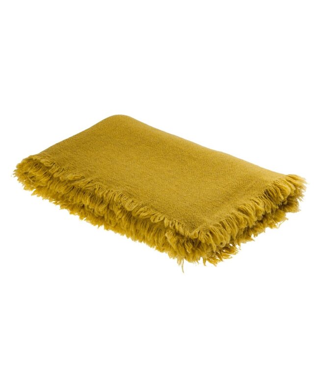 Throw vice versa fringed, washed virgin wool - curry