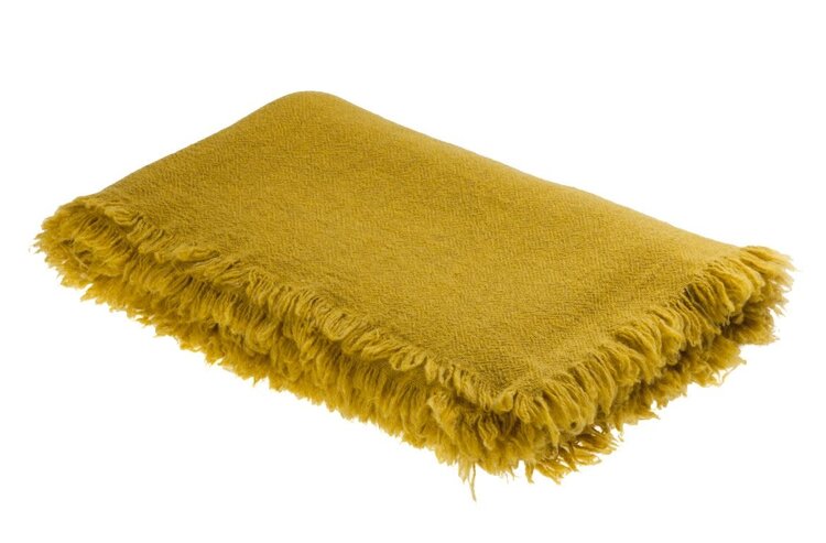 Maison de Vacances Throw vice versa fringed, washed virgin wool - curry