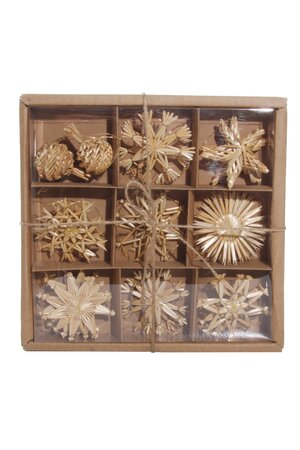 Box met  kerstdecoratie mix in stro  - 18 stuks - naturel