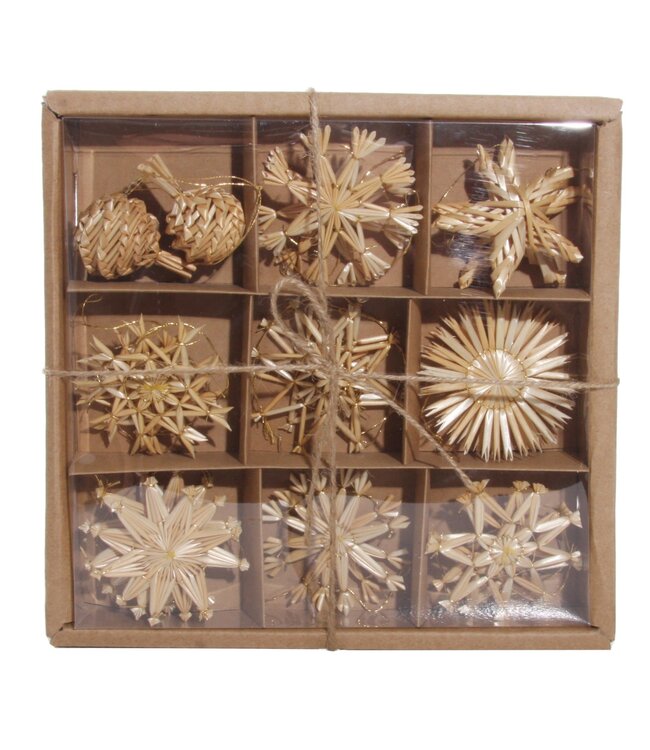 Box met  kerstdecoratie mix in stro  - 18 stuks - naturel