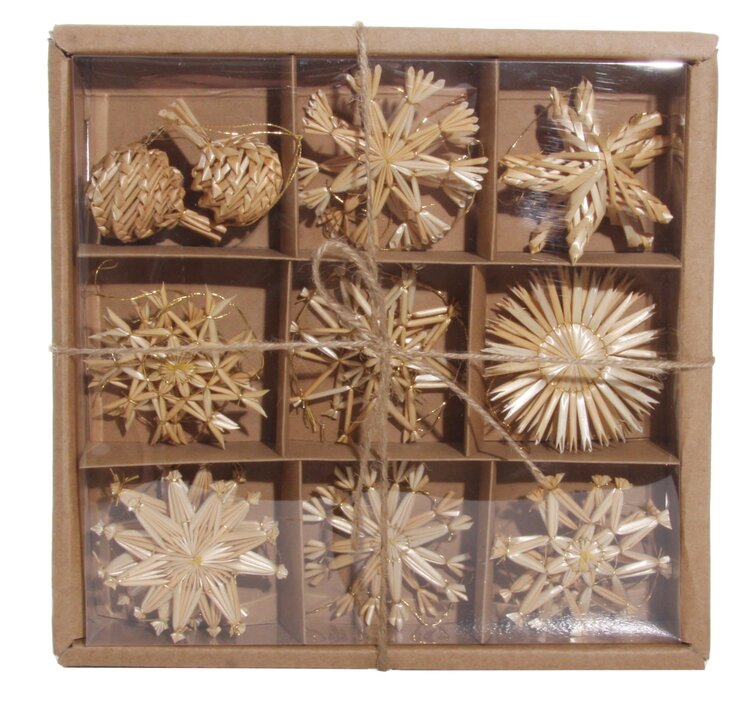 Box with straw ornament mix - 18pcs in box - natural