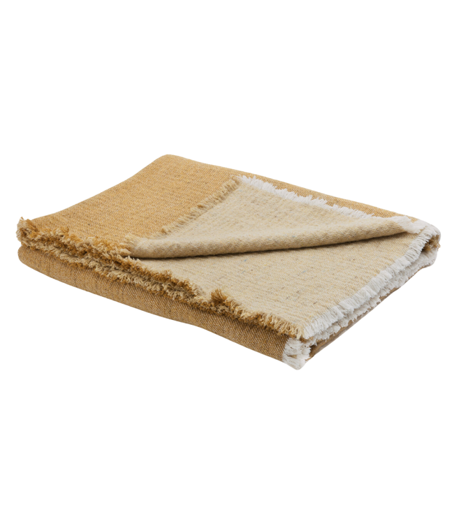 Maison de Vacances Throw vice versa fringed, double sided washed virgin wool & cotton - ocre/paille